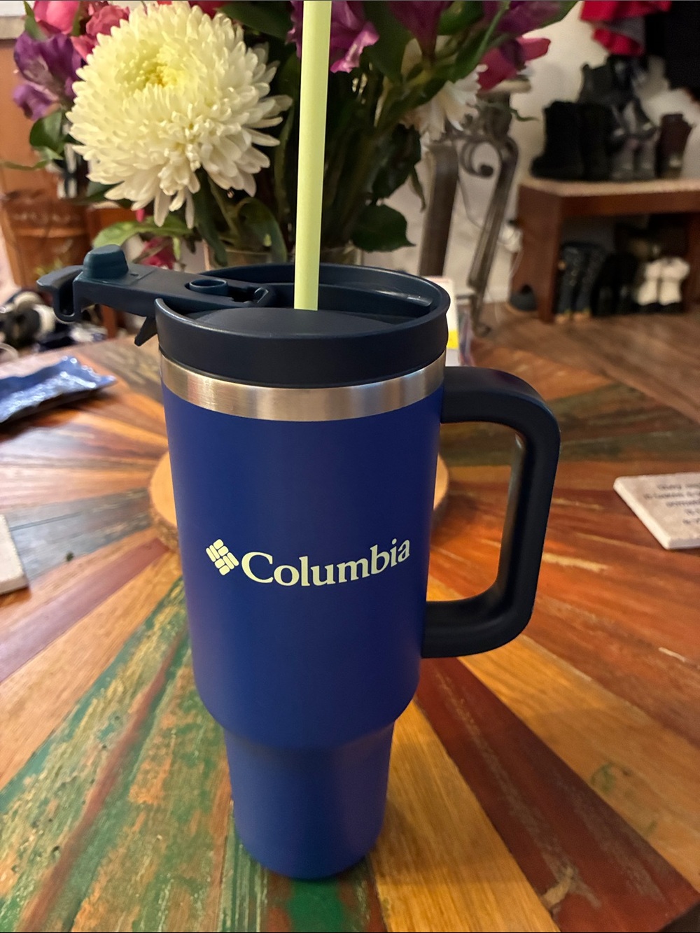 Columbia Navy Blue Travel Mug with Handle and Straw